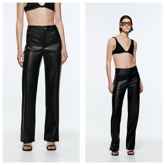 Zara Full Length Faux The 90S Leather Black Pants Size 10 Straight Leg High Rise - Picture 1 of 12